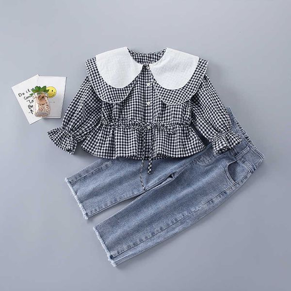 

2-7 years spring girl clothing set fashion casual plaid shirt + jeans kid children girls 210615, White