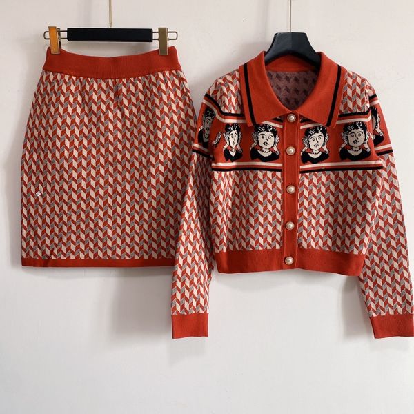 

two piece dress 2021 auntumn lapel neck long sleeve sweater and for womens fashion print skirts 2 pieces sets 0807-6, White