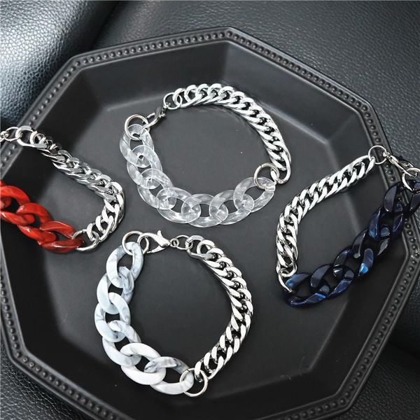 

link, chain punk colorful stainless steel metal splicing acrylic cuban bracelet for women hip hop trendy girl gifts, Black