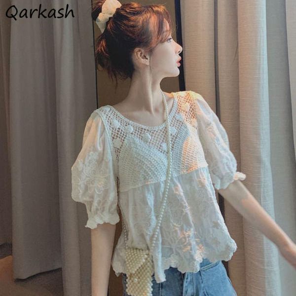 

women's blouses & shirts puff sleeve design women hollow out fashion chic casual kawaii japanese style harajuku loose summer all-match, White