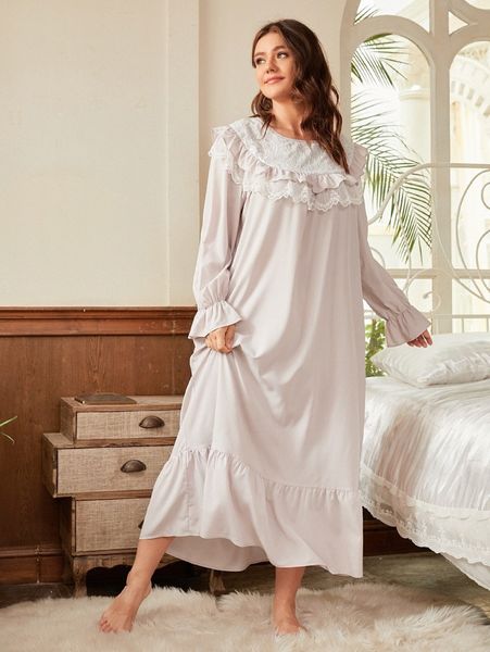 

plus lace panel ruffle trim flounce sleeve nightdress 86ay#, Black;white