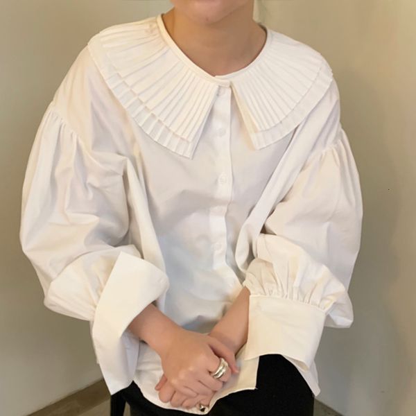 

women's blouses & shirts [ewq] camisa feminina branca para outono, simples com gola peter pan, de manga solta e lanterna solta, qb161 e, White