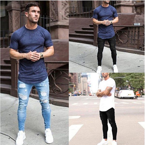 

fashion jeans wash tight knee hole men's pants, Blue