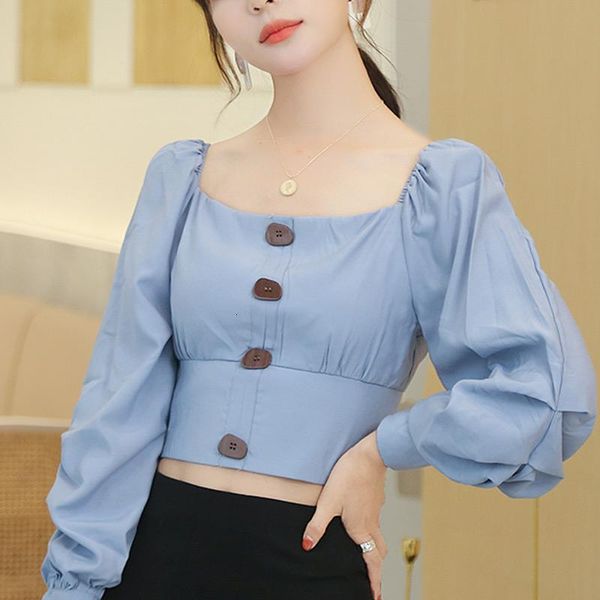 

women's blouses & shirts spring fashion buttons solid blue vintage crop long sleeve blouse u-neck short shirt for women cw49, White