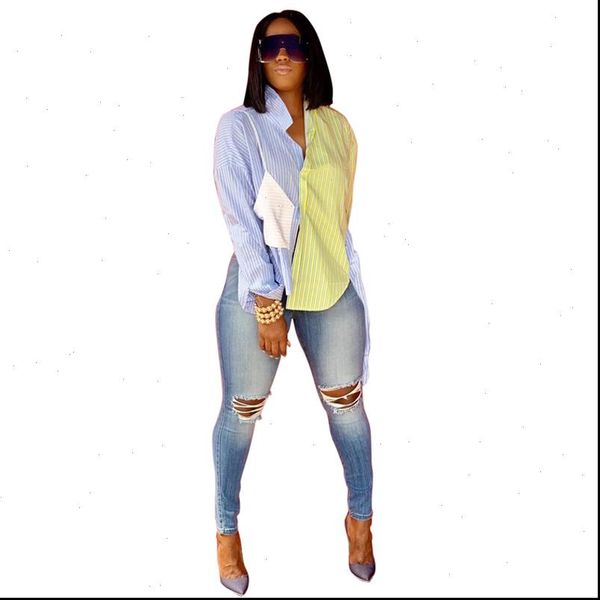 

color patchwork blouse shirts womens blouses women turn down collar long sleeve elegant stripe shirt korean fashion casual, White