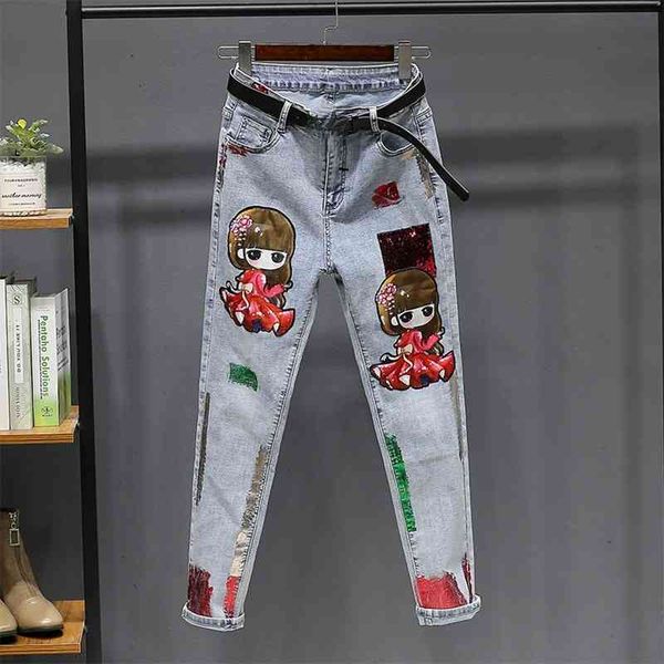 

women's jeans painted bronzing high waist woman cartoon print plus size female washed denim skinny pencil pants for women 08b2, Blue