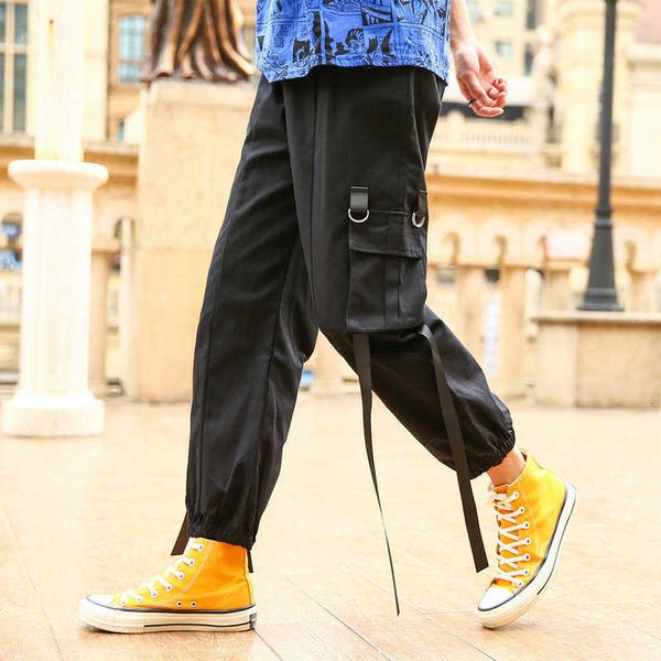 

men's pants japanese style multi-pocket fashionable solid harem ribbons hip hop autumn casual cargo male jogger trousers 4djd 1eoa, Black