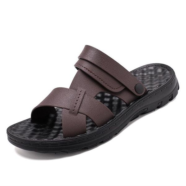 

sandals summer men quality genuine leather shoes male comfortable slip-on slippers beach brown man sandal zapatillas hombre 2021, Black