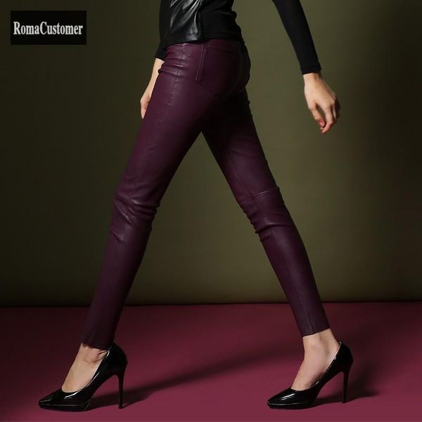 

women's pants & capris autumn fashion skinny stretch genuine leather womens korean elegant female sheepskin pencil, Black;white