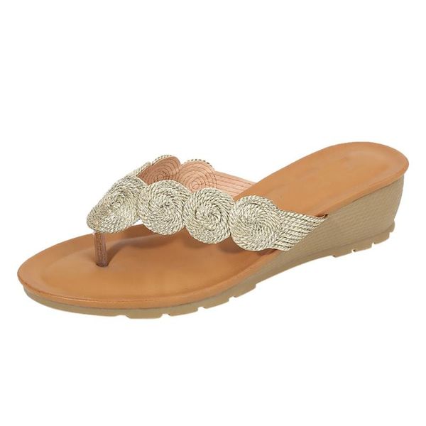 

summer shoes casual fashion platform flip flops electric embroidered gold line sandal woman wedge sandals outside flats, Black