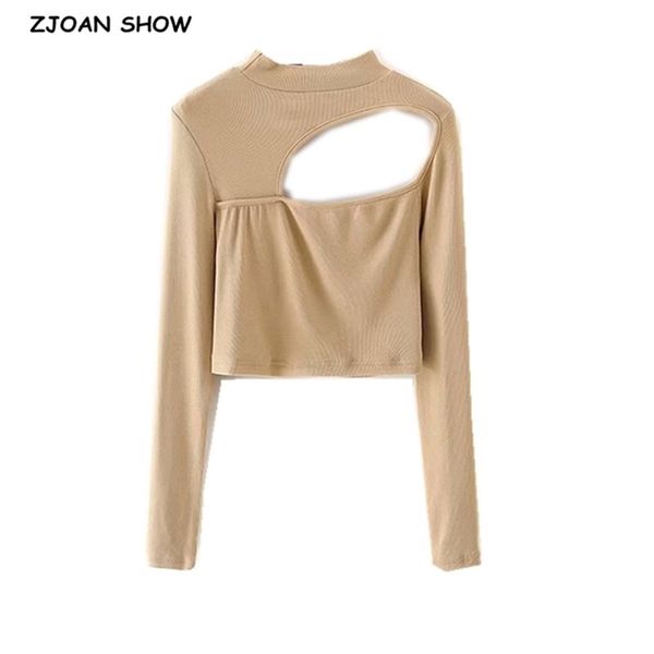 

harajuku hollow out hole long sleeve t-shirt woman backless crop tees y2k streetwear 210429, White