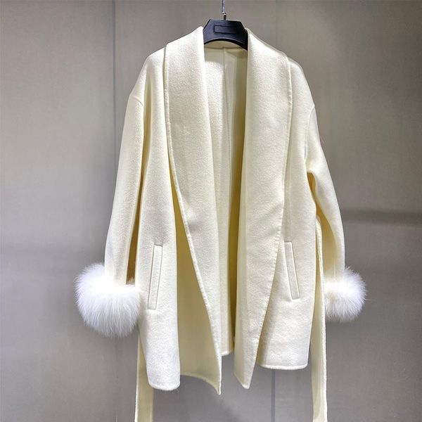 

women's wool & blends cashmere jacket with fluffy natural fur cuff runway style double breasted blend coat for office ladies, Black
