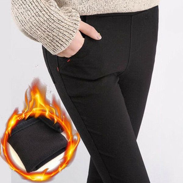 

women's pants & capris 2021 fashion women outdoor winter warm fleece lined thermals high waist stretch trousers for femme pantalon, Black;white