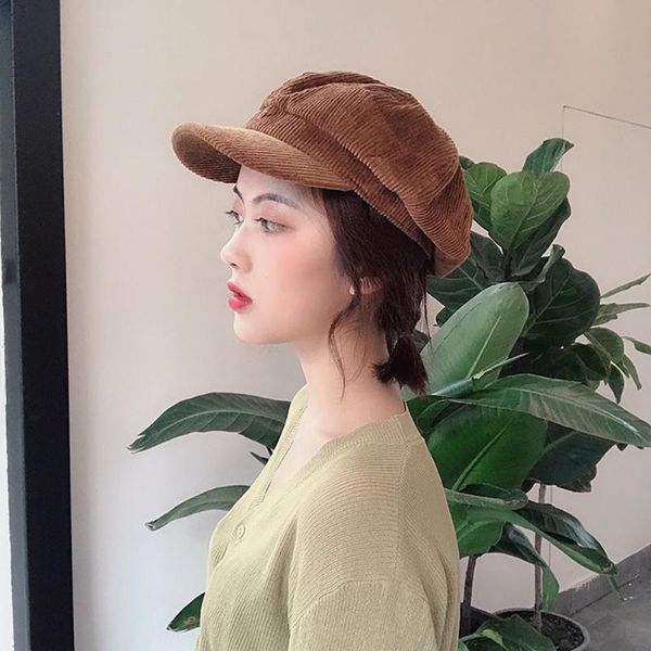 

beanies korean corduroy beret sboy hat female lattice fashion outdoor leisure art warm octagonal