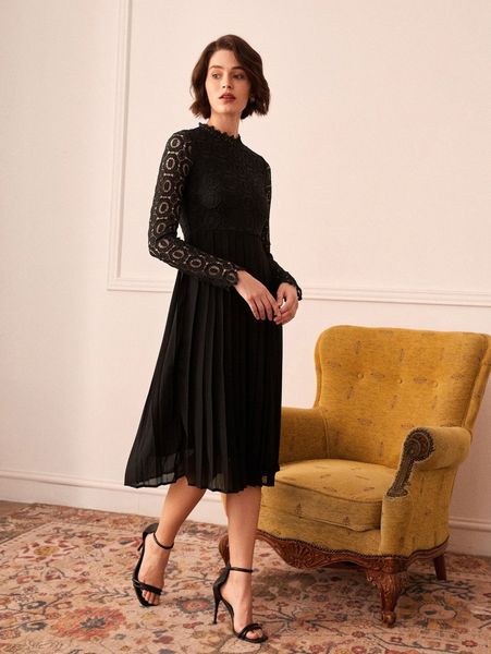 

1pc fold pleated hem guipure lace dress h4hz#, Black;gray