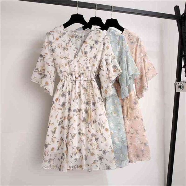 

summer floral print dress woman's chiffon ladies knee length v-neck butterfly sleeve tunic a-line female es 210522, Black;gray