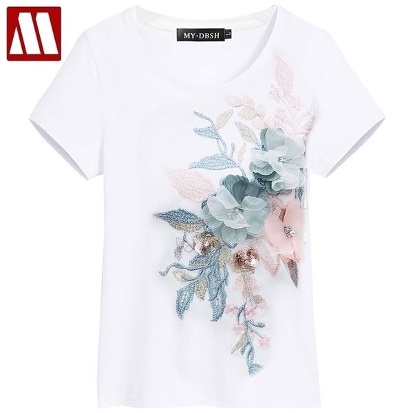 

women's elegant flower embroidery t-shirts female cotton short sleeve 5xl 210623, White