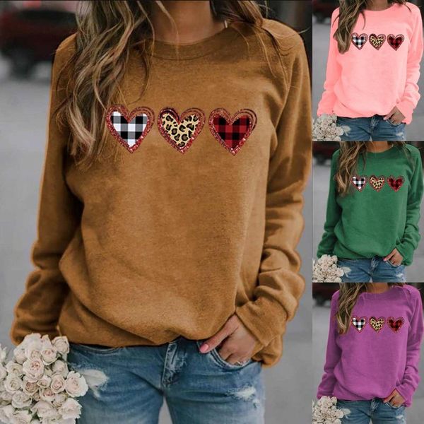 

women's hoodies & sweatshirts women hoodie leopard plaid heart printed fleece long sleeve o neck loose sweatshirt girls pullovers autum, Black