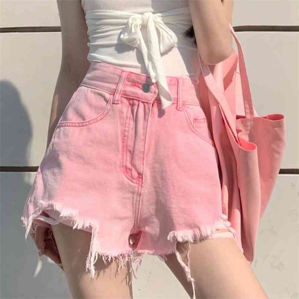 Shorts Denim das Mulheres Rasgado Cor-de-rosa Cintura Alta Cintura Plus Size Sexy Verão Praia Calças Chic Streetwear Jeans 210601