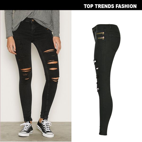 

women skinny girls holes knees pencil casual pants elastic shredded black ripped jeans, Blue