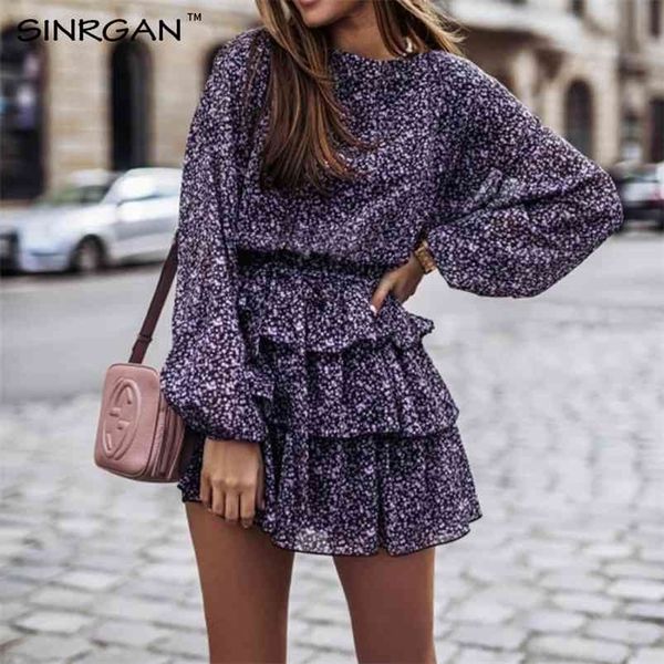 

nankey women floral print dress elegant lantern sleeve casual ruffles office lady purple black mini party vestidos 210623, Black;gray