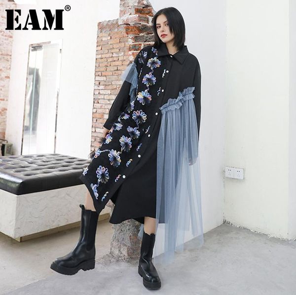 

[eam] women black flower mesh irregular big size dress lapel long sleeve loose fit fashion spring autumn 2021 1z50601 casual dresses, Black;gray