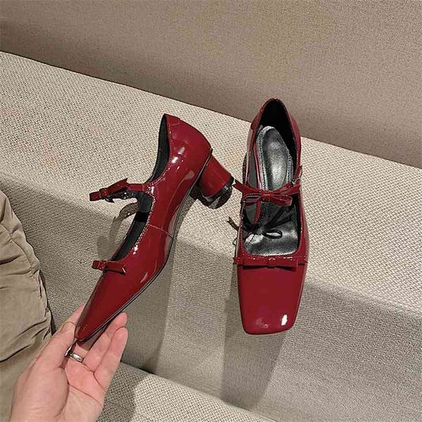 

2021 one 21 spring new versatile button double bow mary jane women's thick heel wine red square shoes yw rlsh, Black