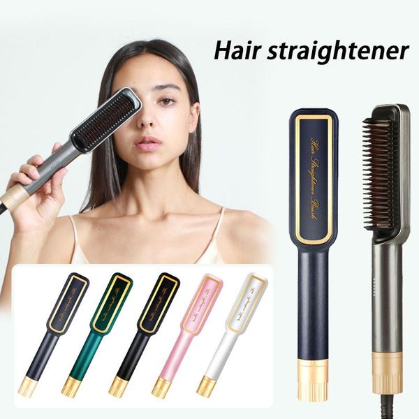 

hair brushes ring electric straightener brush with built-in comb 5 temp settings anti-scald flat heating styler #40, Silver