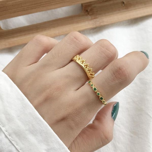 

wedding rings korean green crystal eye crown slim ring adjustable 925 sterling silver gold delicate men and women jewelry, Slivery;golden