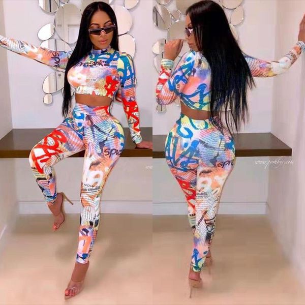 

women's two piece pants oluolin fall tie-dye stitching two-piece ladies print round neck long sleeve short crop trousers loungewea, White
