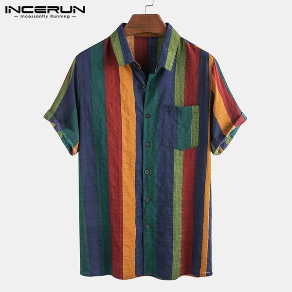 

fashion men colorful striped camisa summer hawaiia holiday blusa short sleeve lapel shirts casual buttons loose blouse men's, White;black