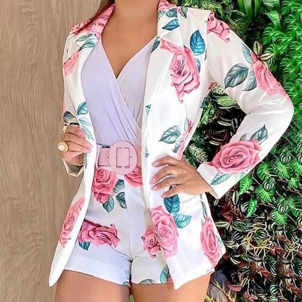 

women's tracksuits 2pcs/set ladieds outfits long sleeve blazer set women floral print coat wide leg shorts two piece woman, Gray