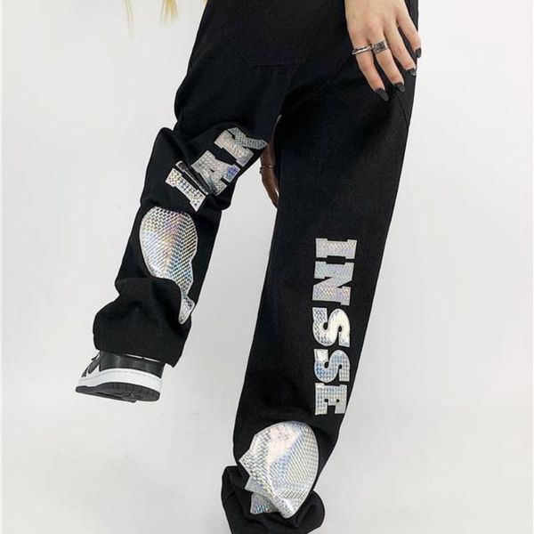 

women's jeans high street love straight leg for men and women hip hop skateboard pants y2k boyfriend, Blue