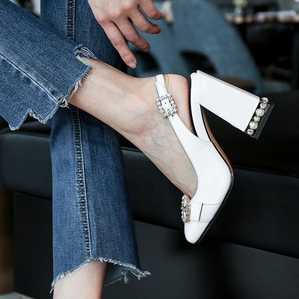 

fashion shallow high heels women sandals buckle strap office lady elegant pearl solid crystal nightclub wedding shoes woman, Black