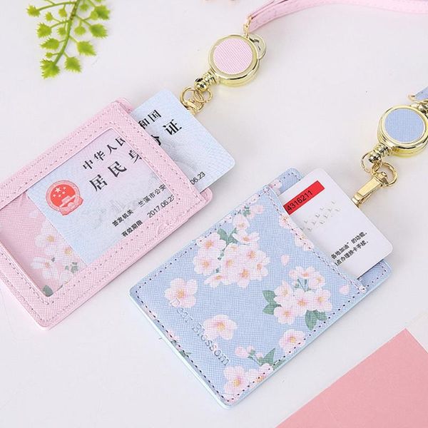

card holders cute flowers pu leather bus id holder case badge retractable neck lanyard j60d, Brown;gray
