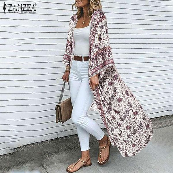 

women's blouses & shirts summer long cardigan zanzea women floral printed party kimono retro beach coverups bohemian open front holiday, White
