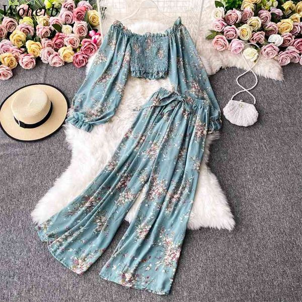 

fashion casual women 2 piece set crop chiffon floral blouse + high waist wide leg pants summer suit femme 210519, White