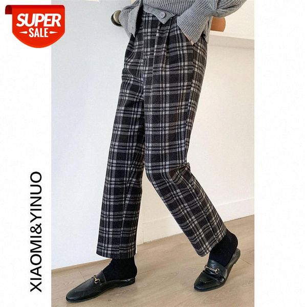 

[ou fan] 7729 woolen plaid casual pants women loose and thick slim straight-leg #c20d, Black;gray