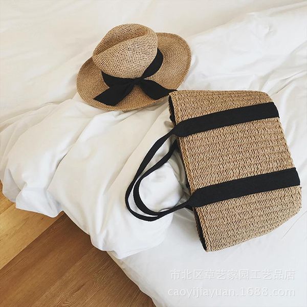 

black belt xiaoqing straw woven bag hand beach female handbags women bags evening
