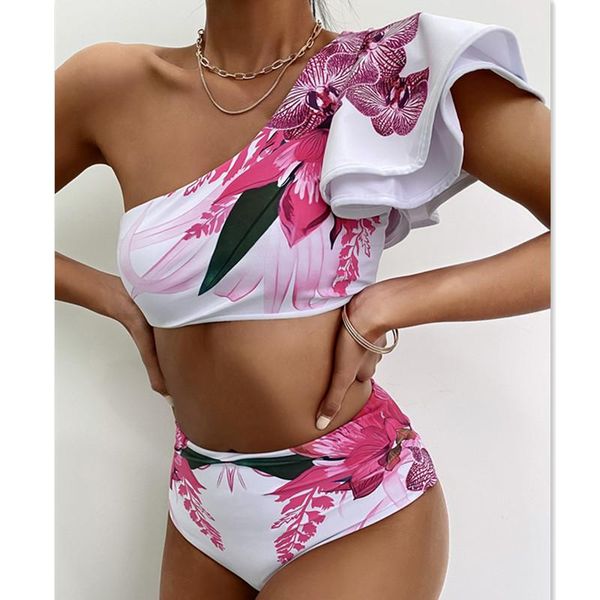 

women's swimwear tyakkve high waist ruffle swimsuit women one shoulder bikini set female print biquini bandeau bathing suit 2021, White;black
