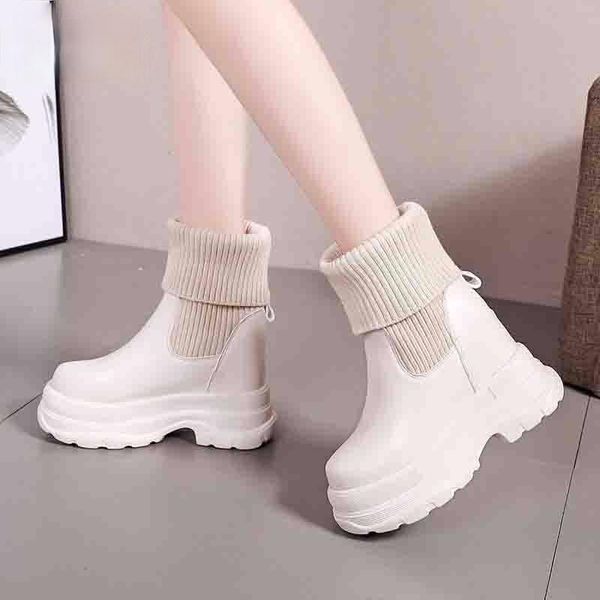 

boots 2021 winter ankle women's high platform chunky sneakers 10cm wedges autumn leather motorcycle warm fur combat boot, Black