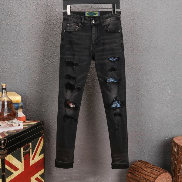 

amiry 33 foreign trade men's rig patch jeans slim-fitting small foot motorcycle pants for young people sell men's long pant trouse, Blue