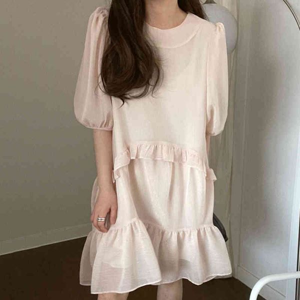 

casual dresses korean version of the summer wild round neck loose luster puff sleeve ruffled small doll dress female zfed, Black;gray