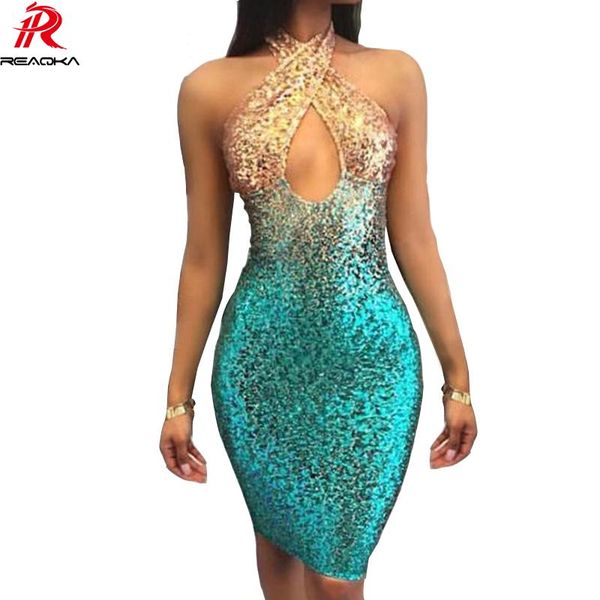 

reaqka backless chic sequins summer dress 2021 sleeveless mult colors bodycon party dresses halter clubwear vestidos casual, Black;gray