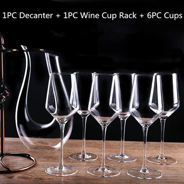 

hip flasks 6pcs 400ml crystal red wine cup+1pcs holder rack+1pcs decanter handmade 1500ml with glass goblet champagne glasses set