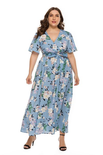 

bofute plus size women's v-neck dress bohemian split long skirt sq0145, Black
