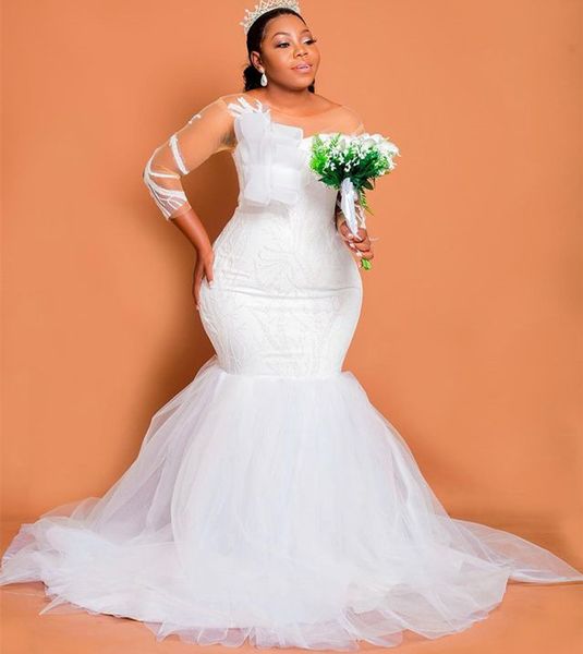 

2022 plus size arabic aso ebi white lace mermaid wedding dress sheer neck long sleeves bridal gowns dress zj377