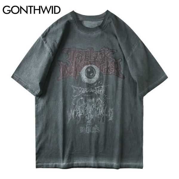 

t-shirts hip hop casual summer men devil eye print short sleeve tees distressed loose streetwear harajuku fashion 210602, White;black