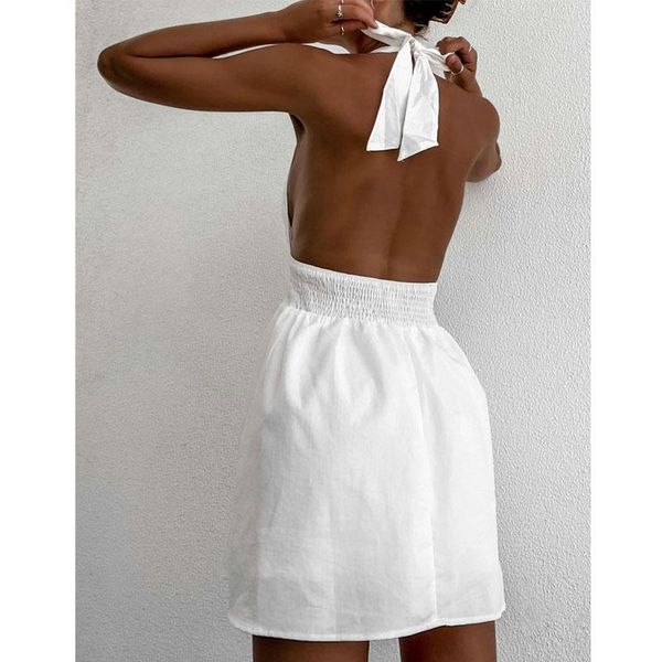 

casual dresses elegant halter lace up sundress women white a-line mini dress summer chic lady backless high waist flared classic, Black;gray