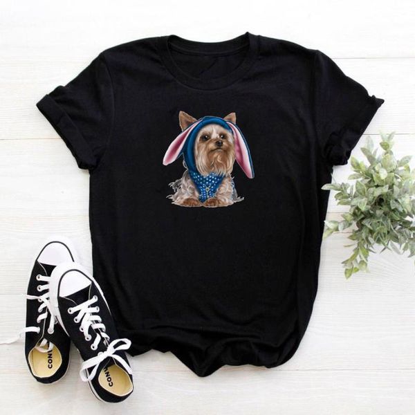 

yorkshire terrier dog t-shirt women cute animal pattern t shirt cotton loose tee black casual print femme women's, White